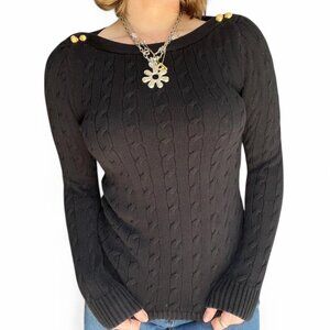 Ralph Lauren Black Cable Knit Sweater w/ Gold Button Detail – Size S